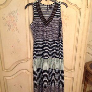 Blue, Green & White V Neck Midi Dress